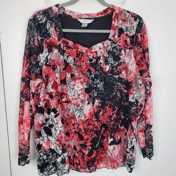 CJ Banks Dark Floral Blouse All Over Maximalist WOmens 1X Mesh Sheer Sleeves - Picture 1 of 10